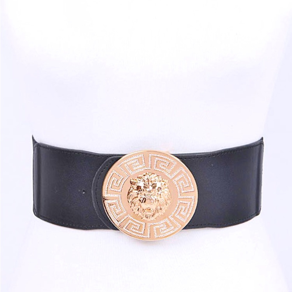 Gold Lion Medallion Large Buckle Stretch Statement Belt